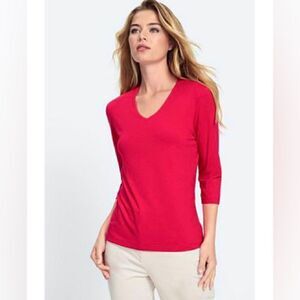 Linda Leal V-Neck Top Womens XL Stretch 3/4 Sleeve FItted Shirt Minimalist Pink